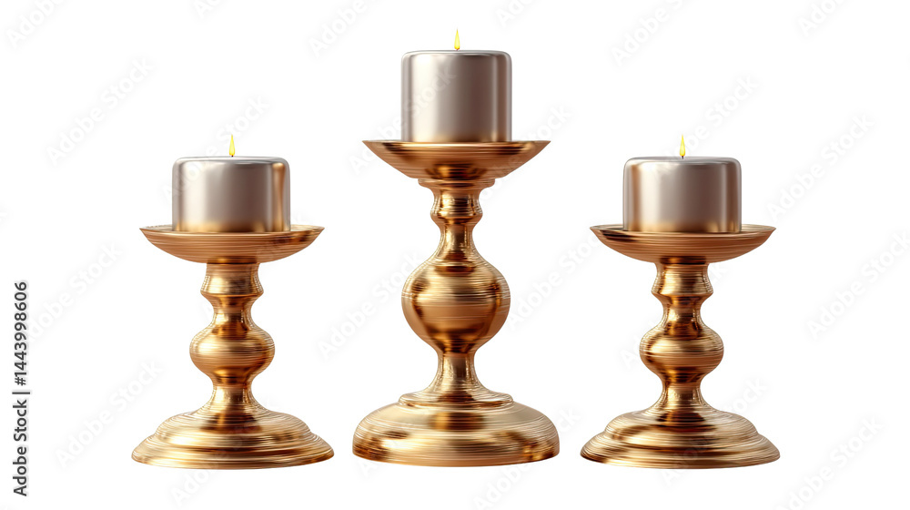 Golden Candle Trio: Elegant golden candle holders, each bearing a softly glowing candle, stand in serene symmetry, casting a warm, inviting ambiance. Golden Candle Trio: Elegant golden candle holders, each bearing a softly glowing candle, stand in serene symmetry, casting a warm, inviting ambiance.