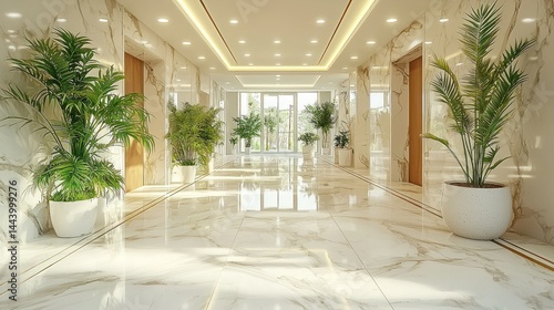 Modern, elegant hallway with elevators and lush greenery