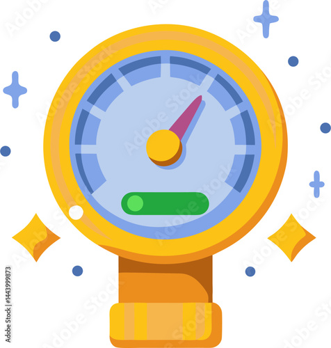 A colorful illustration of a pressure gauge with a circular dial, blue and light blue markings, a red needle indicating a reading, and a green safe zone indicator.