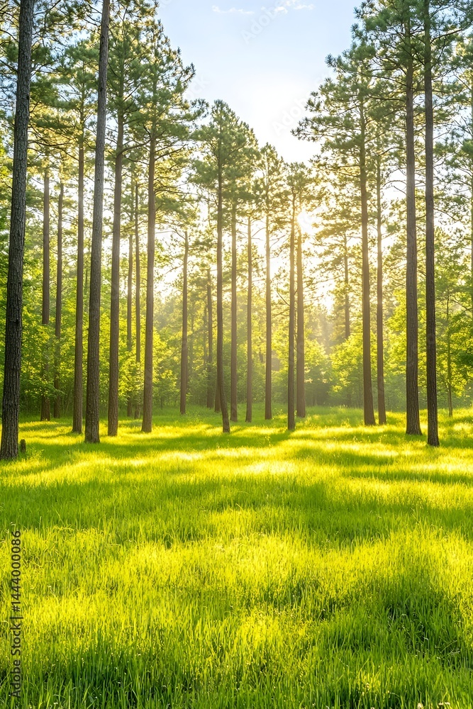 Naklejka premium Sunlit meadow in a tall pine forest, vibrant green grass bathed in morning light