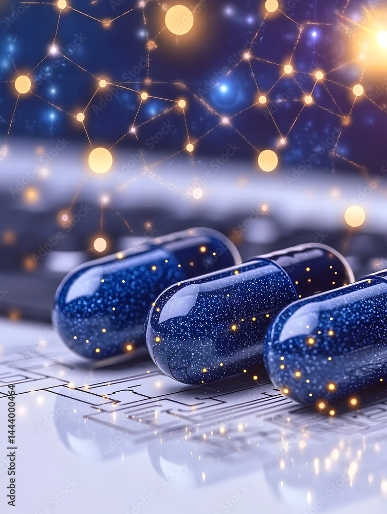 Three dark-blue capsules rest on a circuit board, overlaid with a network of glowing points Three dark-blue capsules rest on a circuit board, overlaid with a network of glowing points