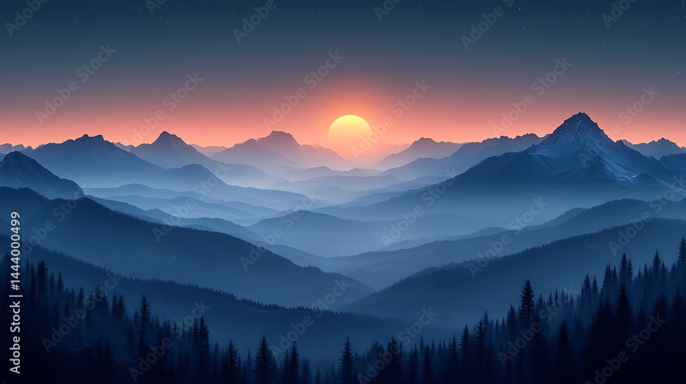 Sunset over misty blue mountain ranges Sunset over misty blue mountain ranges