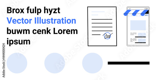 Document with signature, responsive website mockup, text layout, circular shapes, and design elements. Ideal for business, contracts, digital marketing, web design technology creativity simple
