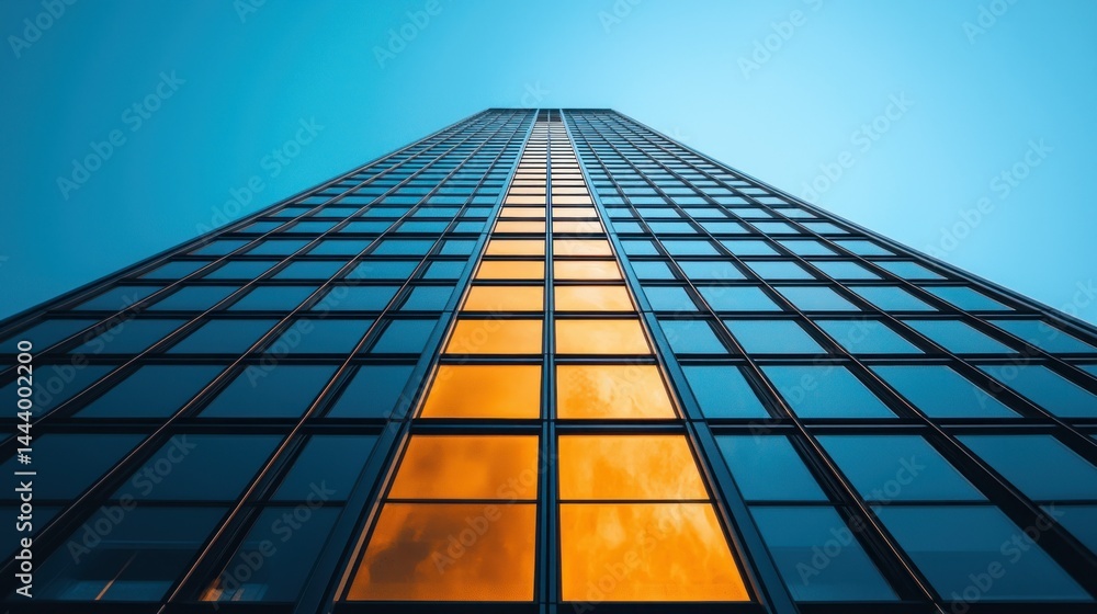 Modern skyscraper facade with golden reflections