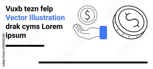 Outline of a hand offering a coin alongside a larger coin. Placeholder text complements the simple layout. Ideal for finance, donation, savings, commerce, charity, banking, simple landing page