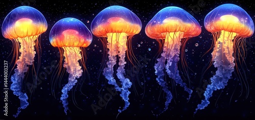 Wallpaper Mural Mesmerizing Jellyfish Ballet: A Symphony of Color and Light in the Deep Ocean Torontodigital.ca