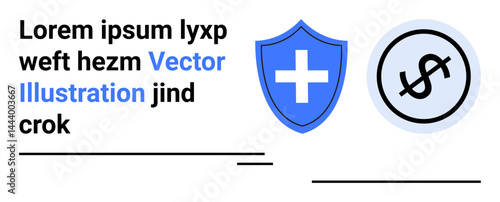 Shield with medical cross and dollar sign inside a circular frame beside text. Ideal for healthcare, insurance, financial planning, savings, medical support, branding, simple landing page