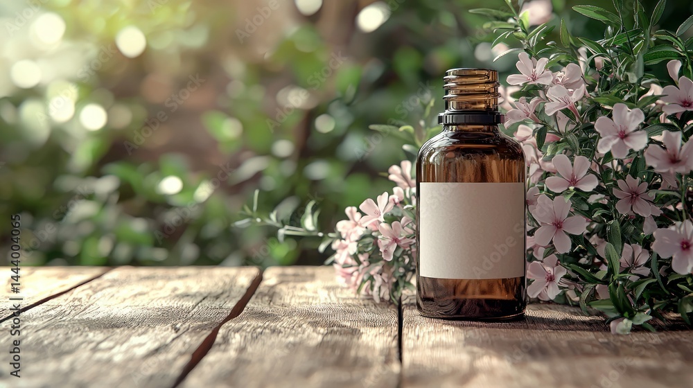 Natural essential oil bottle on wooden table