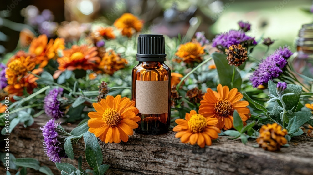 Natural herbal oil surrounded by flowers