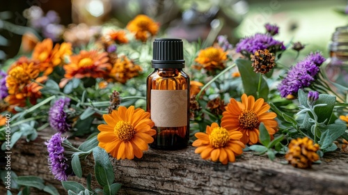 Obraz na płótnie Natural herbal oil surrounded by flowers w salonie