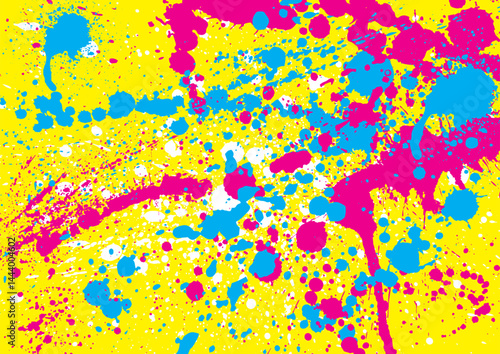 右上から左下へカラフルなインクを散らした黄色の背景