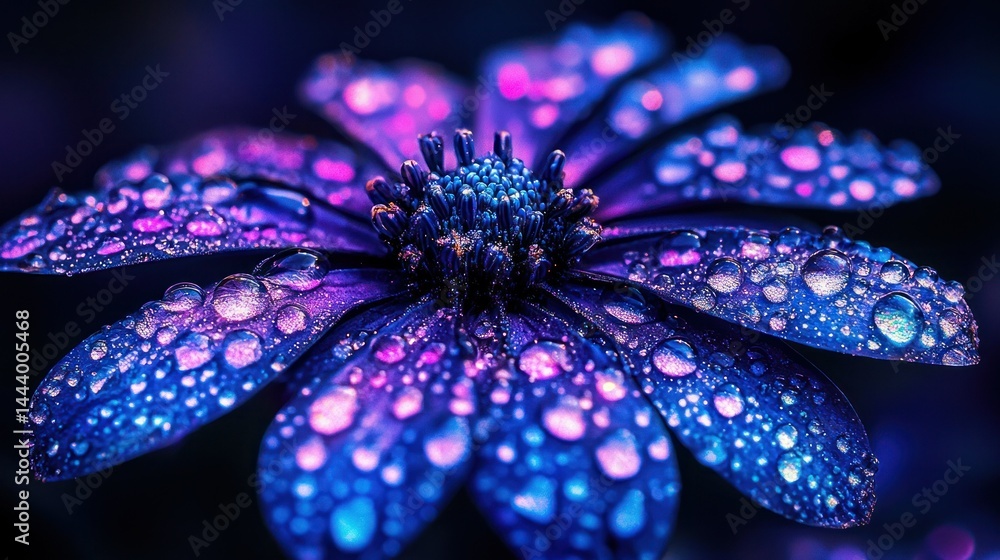 Night-blooming flower with vibrant neon hues and water droplets