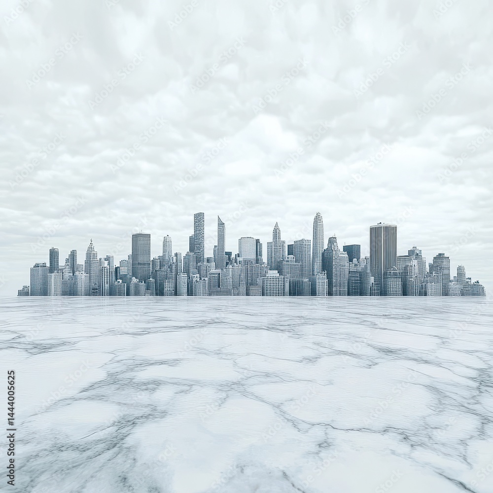 Fototapeta premium Elevated city skyline panorama on a marble plaza.