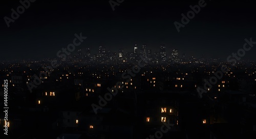 Fototapeta Naklejka Na Ścianę i Meble -  Panoramic urban skyline in total darkness, small candlelit windows barely visible among the shadows.