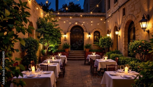 Dine under twinkling lights enchanting outdoor restaurant ambiance evening dining experience cozy courtyard