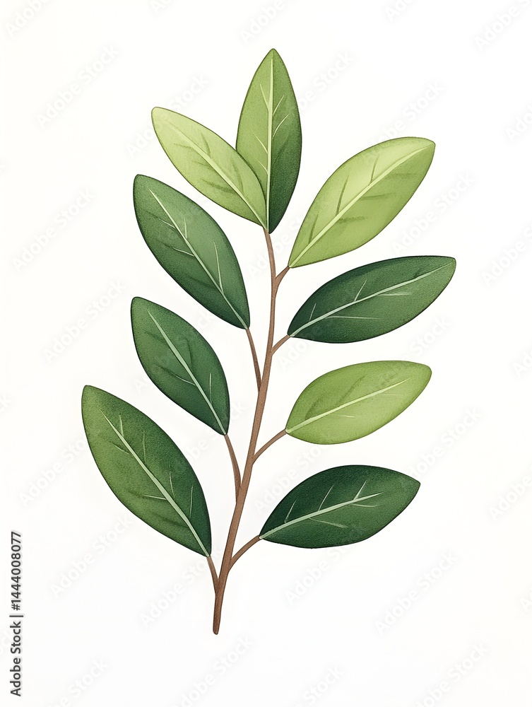 Naklejka premium A sprig with seven ovate leaves, varying shades of green, on a slender brown stem against a white background