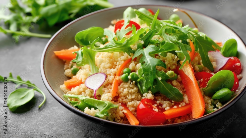 A fresh quinoa salad topped with arugula, cherry tomatoes, carrots, peas, and radishes in a ceramic bowl. A fresh quinoa salad topped with arugula, cherry tomatoes, carrots, peas, and radishes in a ceramic bowl.