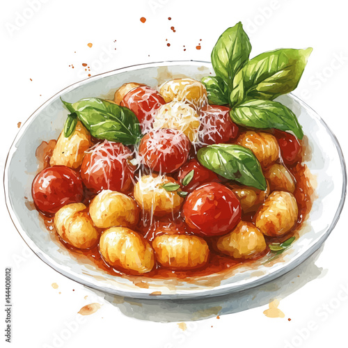 watercolor of Gnocchi In Creamy Tomato Sauce, vector, isolated on a white background.