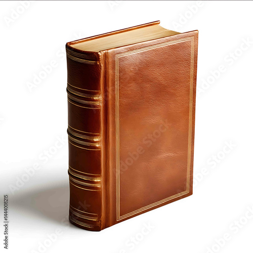 A classic leatherbound book standing upright slightly open casting a soft shadow isolated on white high quality