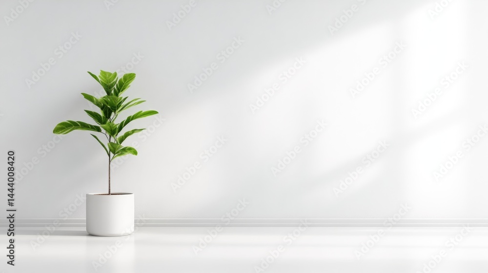 A potted green plant standing alone in a minimalist white room, natural sunlight casting soft shadows, and modern interior design concept. A potted green plant standing alone in a minimalist white room, natural sunlight casting soft shadows, and modern interior design concept.