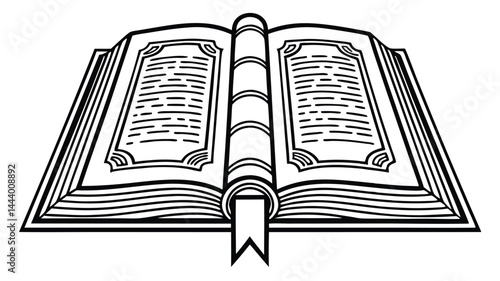 Vintage Open Book Illustration with Ribbon Bookmark in Black and White