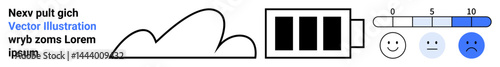 Cloud outline, battery with depletion levels, and happy-face mood scale from happy to sad. Ideal for energy conservation, health tracking, emotional status, weather monitoring, sustainability, UIUX