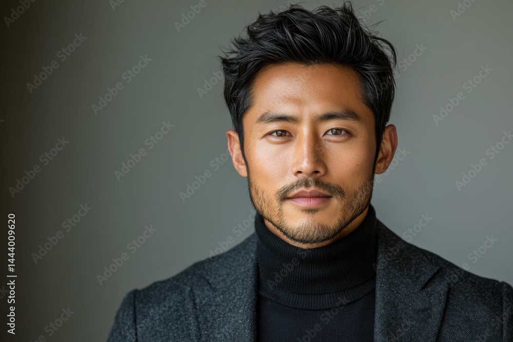 Fototapeta premium Stylish men in black suits and turtlenecks pose confidently against clean white backgrounds in modern studio portraits.