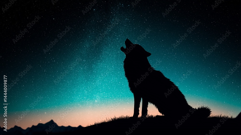 Silhouetted wolf howling at a starry night sky Silhouetted wolf howling at a starry night sky