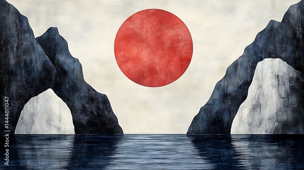 Fototapeta premium Abstract landscape with mountains sun and water