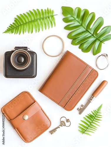 Flatlay of tan leather goods, camera, keys, and greenery on white