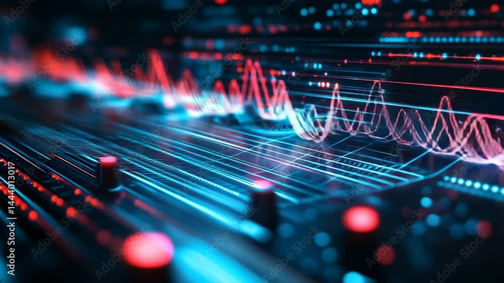 Futuristic audio spectrum visualization with glowing red and cyan waveforms Futuristic audio spectrum visualization with glowing red and cyan waveforms