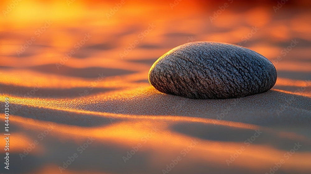 Peaceful stone in golden sand at sunset