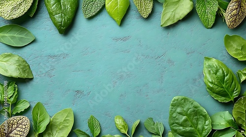 Green leaves frame on turquoise backdrop