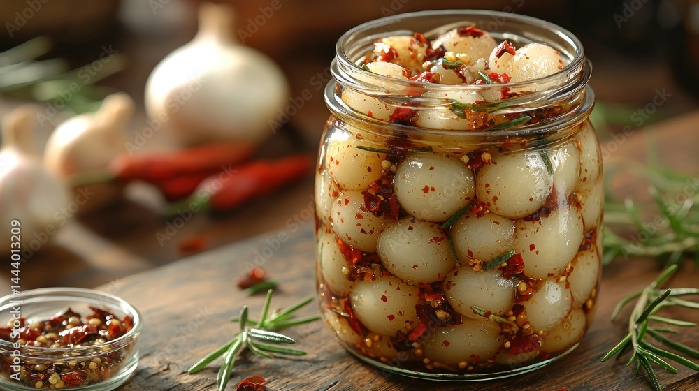 Pickled shallots in a glass jar