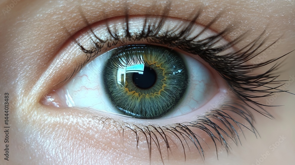 Fototapeta premium Closeup Detailed Green Eye Macro Shot Beautiful Human Iris Pupil Eyelashes Detailed Texture High Resolution Photography Stunning Visual Natural Beauty Medical Image Eye Health 