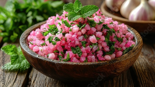 Pink couscous dish with herbs