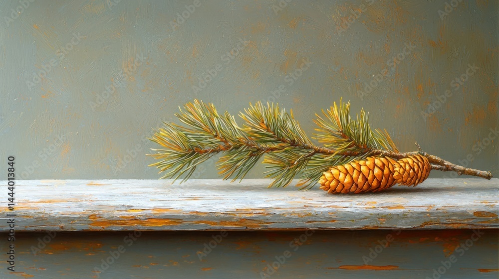 Pine branch and cone on weathered wood