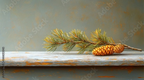 Obraz na płótnie Pine branch and cone on weathered wood w salonie