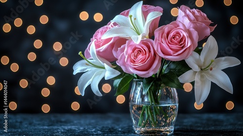 Obraz na płótnie Pink roses and lilies in a vase. A beautiful floral arrangement w salonie