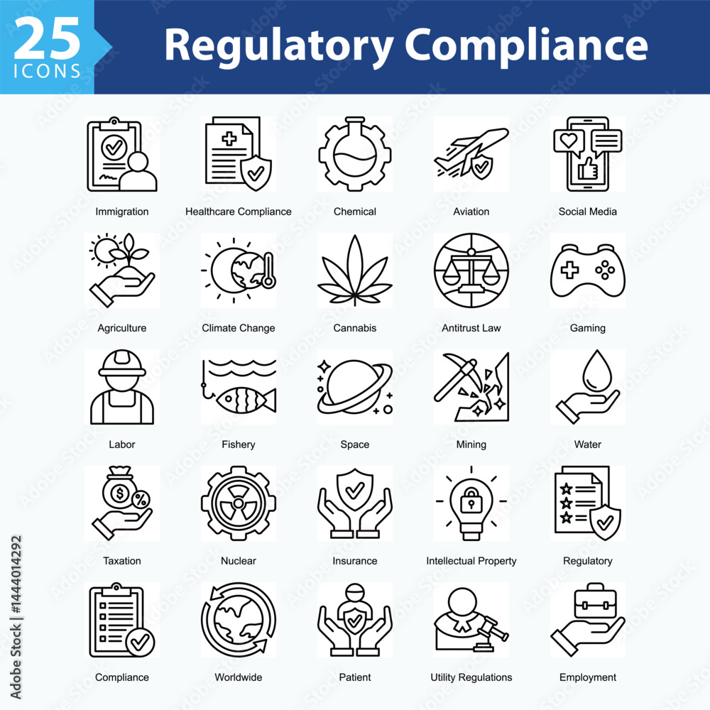 Regulatory Compliance is a collection of icons in sheet format illustrating international regulations, industry compliance, and oversight across sectors like health, energy, and technology. Regulatory Compliance is a collection of icons in sheet format illustrating international regulations, industry compliance, and oversight across sectors like health, energy, and technology.