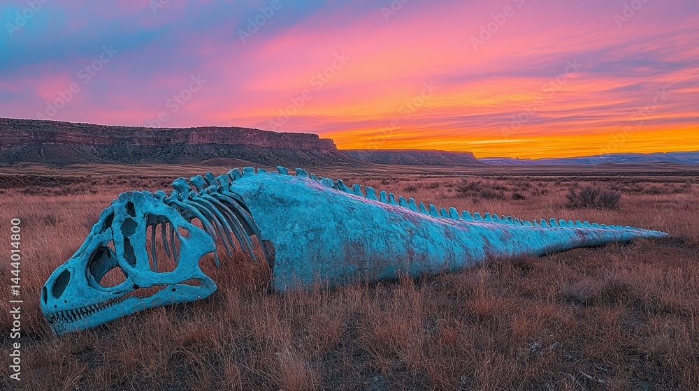Prehistoric creature skeleton at sunset