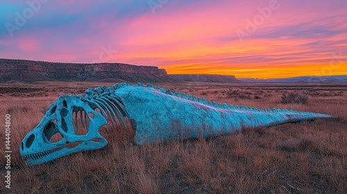 Obraz na płótnie Prehistoric creature skeleton at sunset w salonie