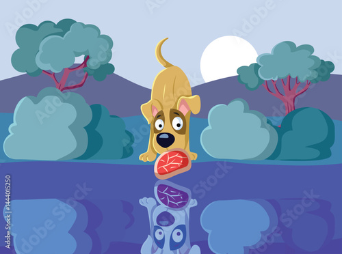 Dog and the Shadow Cautionary Fable Vector Illustration Design. Moral story about greed and its consequences       
