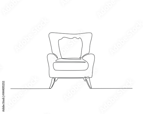 Cosy sofa armchair outline drawing illustration. one continuous line drawing of armchair furniture.