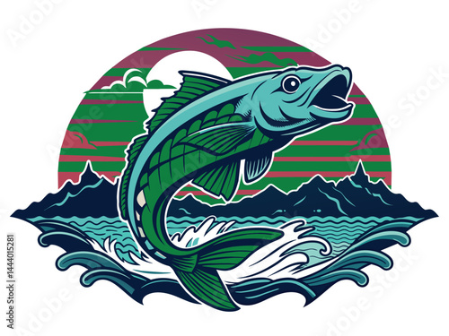 A cartoon vector illustration depicts a tribal fish swimming underwater in the ocean
