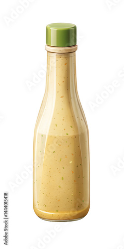 Bottle of creamy dressing with green lid isolated on white background