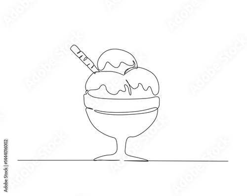 Ice cream in the glass bowl outline drawing illustration. one continuous line drawing of Ice cream.