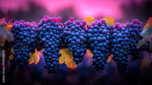 Purple grapes on vine at sunset