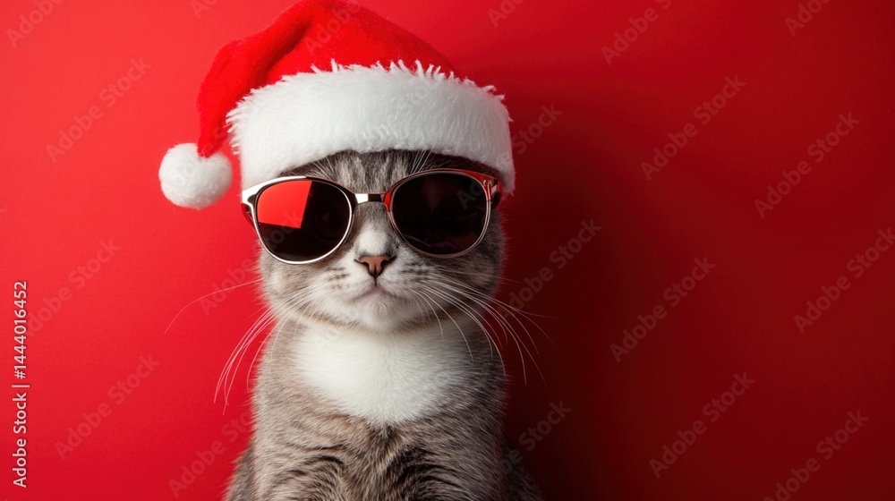 Cute cat wearing Santa hat and sunglasses Cute cat wearing Santa hat and sunglasses