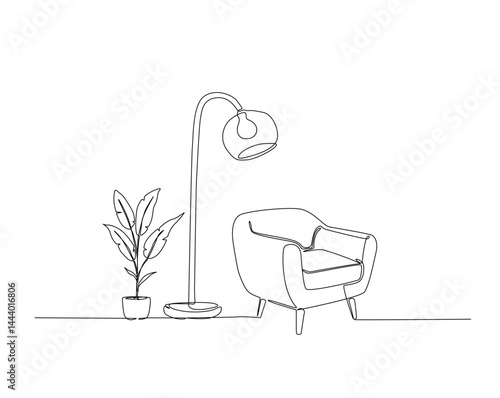 Interior furniture, Armchair, sofa, houseplant, and floor lamp outline drawing illustration. one continuous line drawing of Home interior.